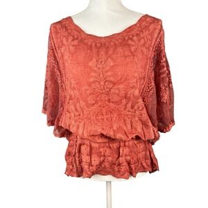 Democracy Womens Blouse Large Lace Embroidered Sheer Flutter Sleeve Boho Rust